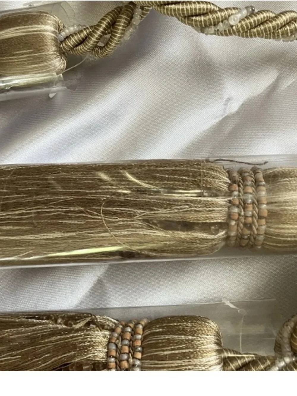 Drapery tie backs with pearl beading